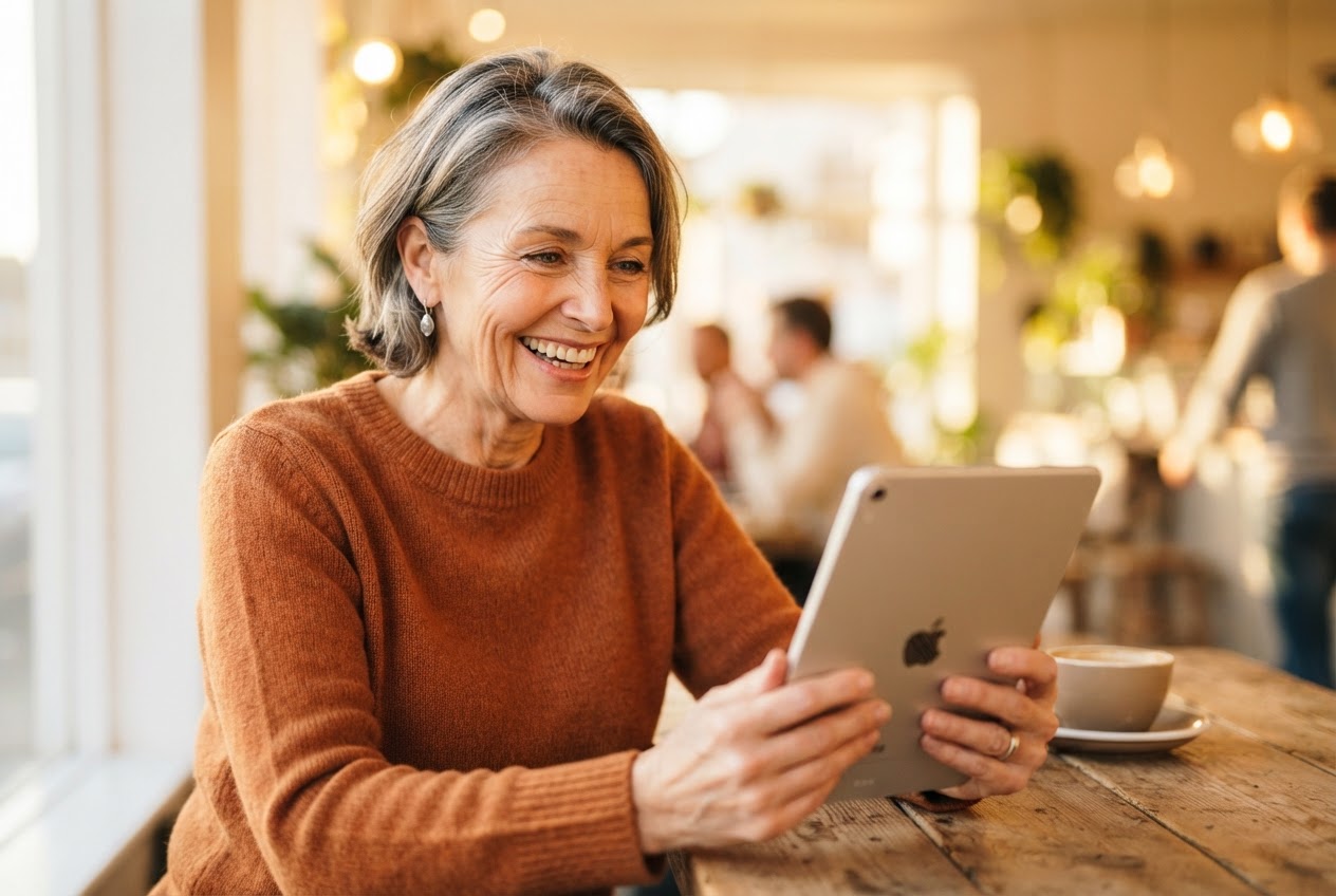 An adult learning to use AI confidently on a tablet